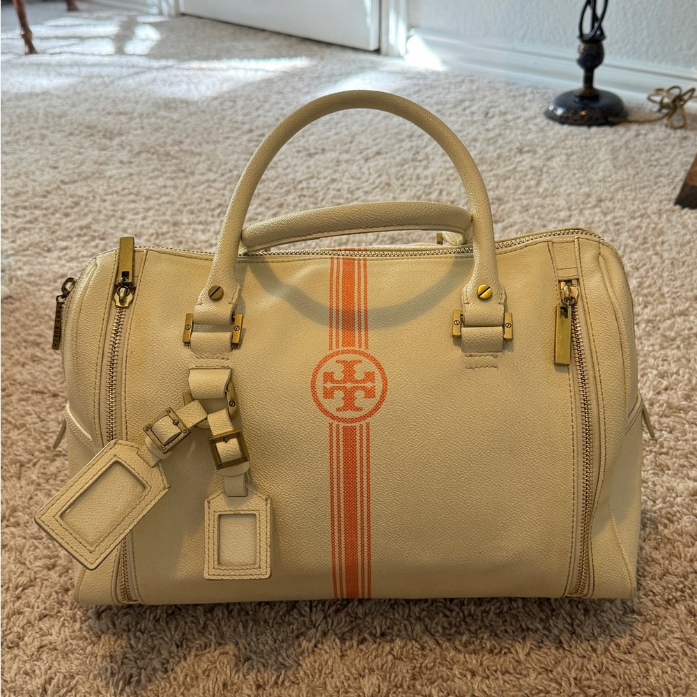 TORY BURCH Leather Striped Boston Bag /Speedy Bag/ Satchel Designer Handbag